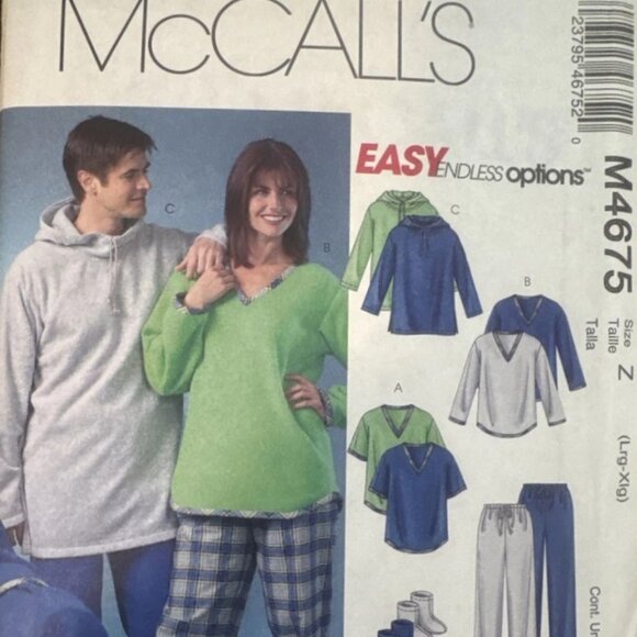 McCall's M4675 Misses'/Men's/Teen Boys' Tops, Pants, Socks, Blanket LG, XLG. - Picture 3 of 3
